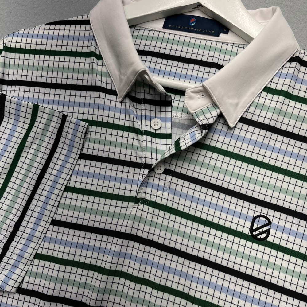 Extracurricular Mens Performance Golf Polo Shirt L Striped Grid Green Blue White